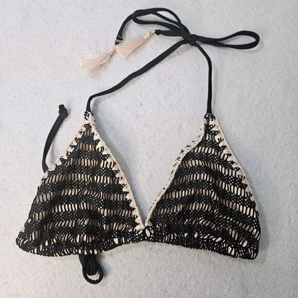NWOT Black & Blush Crotchet Triangle Bikini Top Fringe Tassle Accent Sz M Xhila - Picture 1 of 5